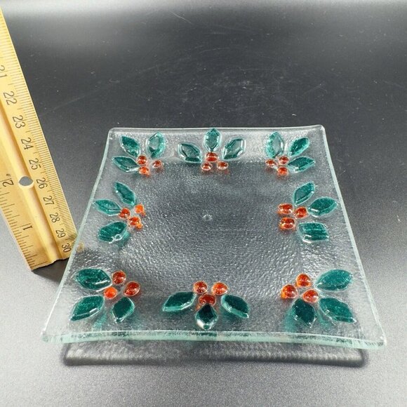 Square Fused Art Glass Dish Plate With Holly Berries Flowers Clear Holiday VTG - Picture 2 of 10